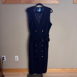 Classic Navy Sleeveless Midi Dress with Gold Buttons